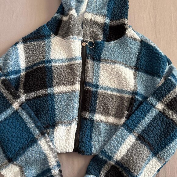 Love Jackets & Blazers - Love Plaid Sherpa Zip-Up Hooded Jacket - Size L